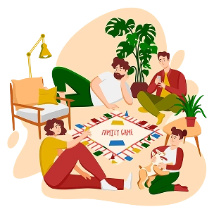 Het gezin speelt thuis een bordspel.