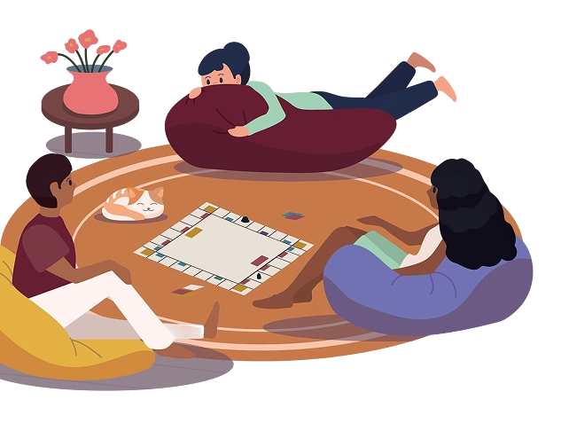 Drie vrienden zitten lekker ontspannen op een kleedje een bordspel te spelen; naast hen ligt een kat te slapen en op het bijzettafeltje staat een vaas met bloemen.
