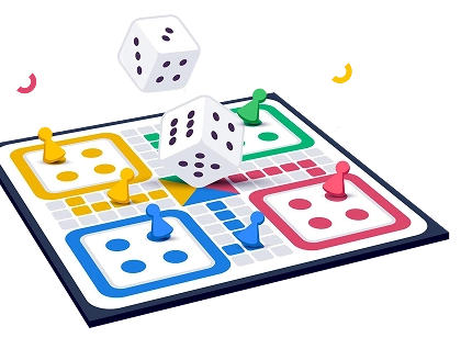 Een kleurrijk bordspel in volle gang, waarbij de dobbelstenen in de lucht zweven en de speler op het bord staat, wat een spannend moment in het spel weergeeft.
