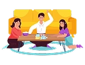 Het gezin speelt een bordspel op de vloer.